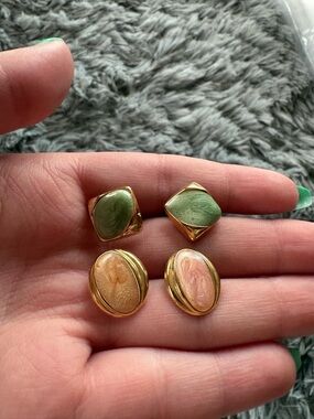 Gold-Tone Resin Stud Earrings in Green and Pink — Brand Unspecified